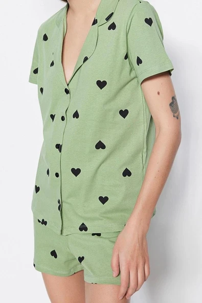 Tarz Rahat Kısa Kollu Boru Paça %100 Pamuklu Kalp Desenli Örme Pijama Takımı - 3