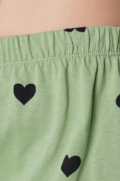 Tarz Rahat Kısa Kollu Boru Paça %100 Pamuklu Kalp Desenli Örme Pijama Takımı - 4