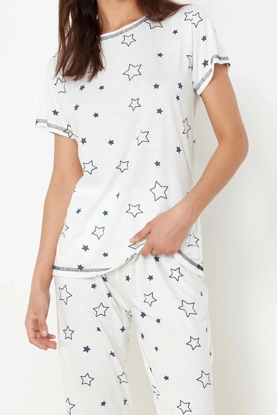 Tarz Rahat Kısa Kollu Boru Paça Yıldız Desenli Örme Pijama Takımı - 2