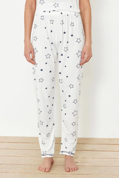 Tarz Rahat Kısa Kollu Boru Paça Yıldız Desenli Örme Pijama Takımı - 5
