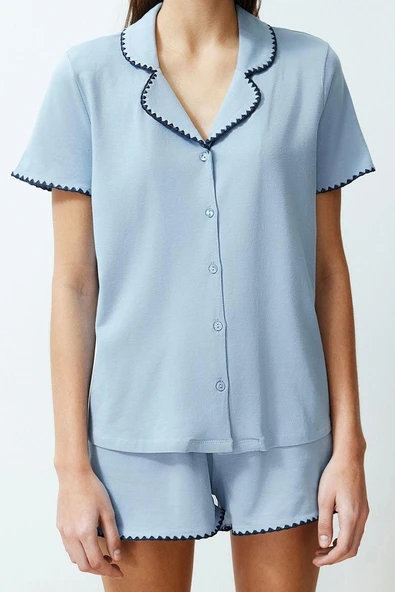 Tarz Rahat Kısa Kollu Boru Paça Premium Nakış Detaylı Modal Gömlek-Şort Örme Pijama Takımı - 4