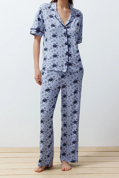 Tarz Rahat Kısa Kollu Boru Paça Desenli Biyeli Örme Pijama Takımı