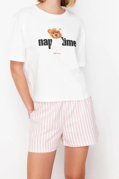 Tarz Rahat Kısa Kollu Boru Paça Kadın %100 Pamuklu Çizgili Örme Pijama Takımı - 4