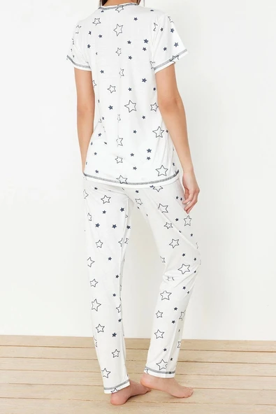 Tarz Rahat Kısa Kollu Boru Paça Yıldız Desenli Örme Pijama Takımı - 6