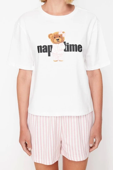 Tarz Rahat Kısa Kollu Boru Paça Kadın %100 Pamuklu Çizgili Örme Pijama Takımı