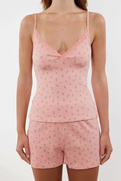 Tarz Rahat Kolsuz Kol Boru Paça Pamuklu Kalpli Dantel Detaylı İp Fitilli Örme Pijama Takımı
