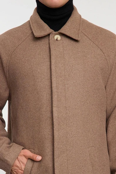 Tasarım Düz Astarsız Yaka Uzun Regular Gömlek Unisex Regular Fit Yün Karışımlı Kaşe Kışlık Kaban - 4