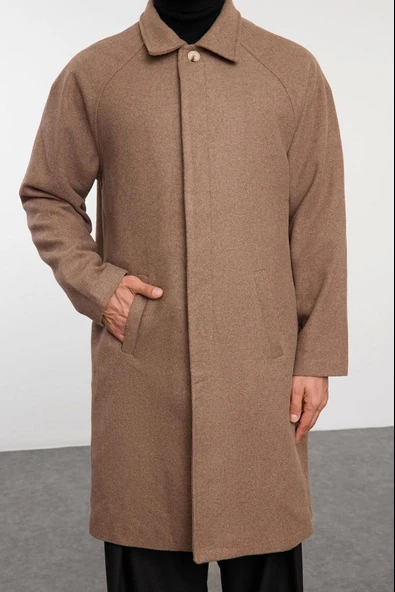 Tasarım Düz Astarsız Yaka Uzun Regular Gömlek Unisex Regular Fit Yün Karışımlı Kaşe Kışlık Kaban - 3