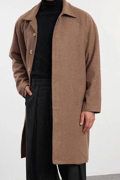 Tasarım Düz Astarsız Yaka Uzun Regular Gömlek Unisex Regular Fit Yün Karışımlı Kaşe Kışlık Kaban