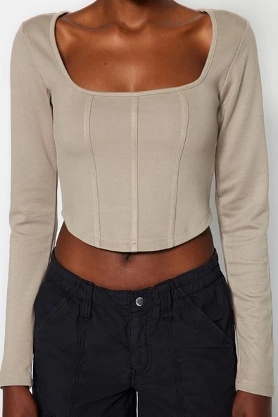 Moda Kare Yaka Örme Slim Düz Desen Casual Günlük Crop Uzun Kol Bluz