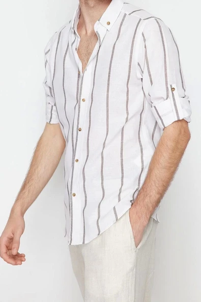 Şık Çizgili Desen Düğmeli Yaka Slim Fit Düğmeli Yaka Apoletli Çizgili Gömlek - 3