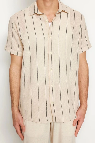 Şık Çizgili Desen Gömlek Yaka Limited Edition Regular Fit Çizgili Dokulu Yazlık Gömlek