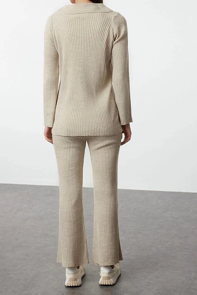 Tarz Kadın Modern Moda Normal Bel Geniş Paça Polo Yaka Basic Polo Yaka Triko Alt-Üst Takım - 5