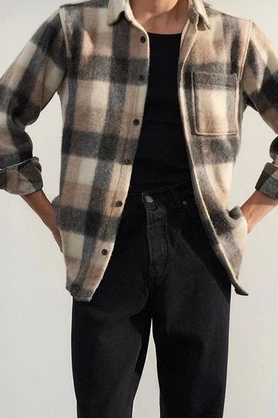 Şık Ekose Kareli Desen Gömlek Yaka Unisex Regular Fit Kışlık Kareli Oduncu Gömlek Ceket - 2