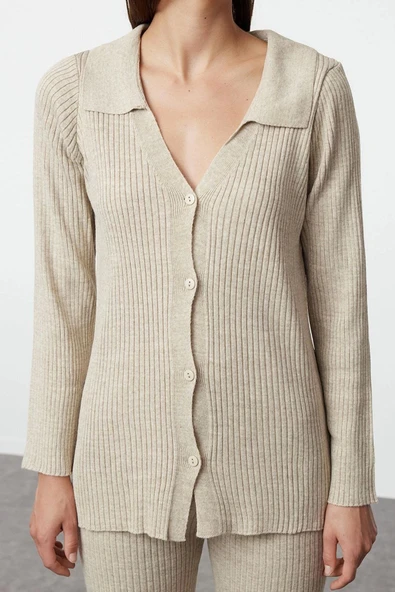 Tarz Kadın Modern Moda Normal Bel Geniş Paça Polo Yaka Basic Polo Yaka Triko Alt-Üst Takım - 3