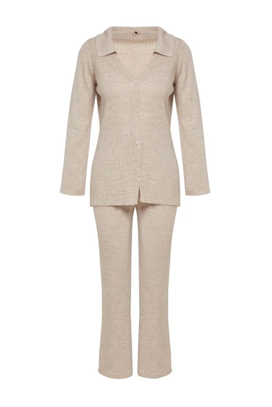 Tarz Kadın Modern Moda Normal Bel Geniş Paça Polo Yaka Basic Polo Yaka Triko Alt-Üst Takım