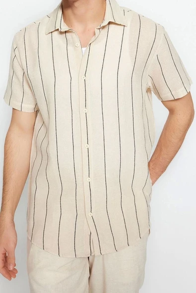 Şık Çizgili Desen Gömlek Yaka Limited Edition Regular Fit Çizgili Dokulu Yazlık Gömlek - 3