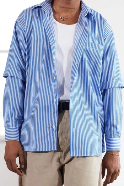 Şık Çizgili Desen Gömlek Yaka Limited Edition Relaxed Fit Alttan Çıkma Kollu Gömlek - 4