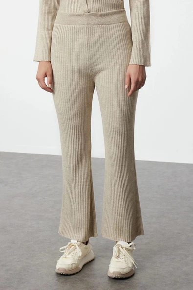 Tarz Kadın Modern Moda Normal Bel Geniş Paça Polo Yaka Basic Polo Yaka Triko Alt-Üst Takım - 4