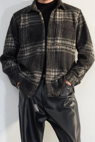 Şık Ekose Kareli Desen Gömlek Yaka Oversize Fit Kışlık Kareli Oduncu Gömlek Ceket - 2