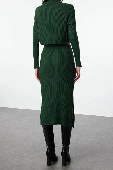 Tarz Kadın Modern Moda Yüksek Bel Geniş Paça Bisiklet Yaka Crop Basic Etekli Triko Alt-Üst Takım - 5