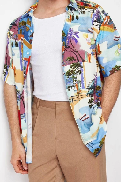 Şık Baskılı Desen Gömlek Yaka Oversize Fit %100 Viskon Baskılı Kısa Kollu Salaş Yazlık Gömlek - 3