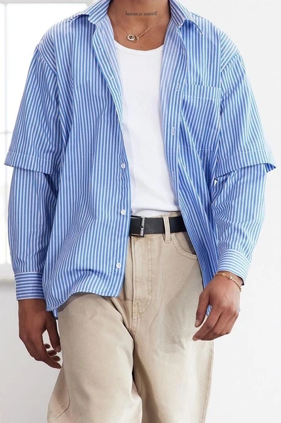 Şık Çizgili Desen Gömlek Yaka Limited Edition Relaxed Fit Alttan Çıkma Kollu Gömlek - 3