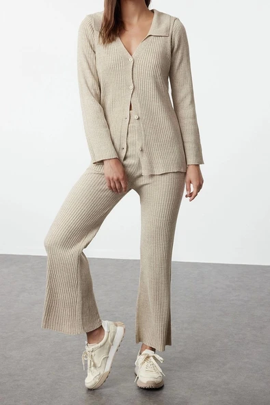 Tarz Kadın Modern Moda Normal Bel Geniş Paça Polo Yaka Basic Polo Yaka Triko Alt-Üst Takım - 2
