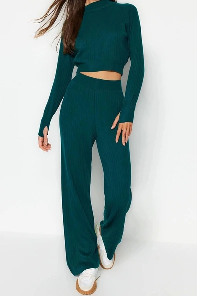 Tarz Kadın Modern Normal Bel Boru Paça Bisiklet Yaka Crop Fitilli Parmak Detaylı Triko Alt-Üst Takım - 2