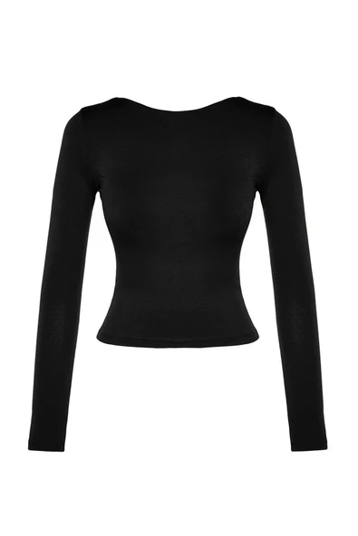 Moda Kayık Yaka Örme Slim Düz Desen Casual Günlük Regular Uzun Kol Bluz - 1