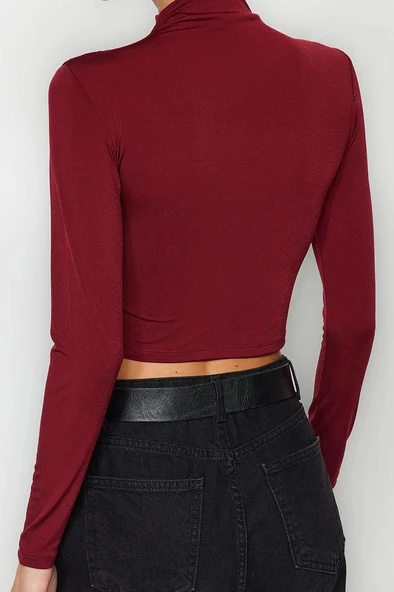 Moda Dik Yaka Örme Slim Düz Desen Şık gece Crop Uzun Kol Bluz - 6