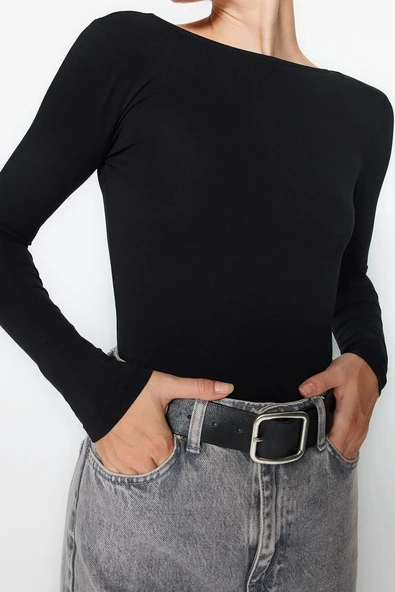 Moda Kayık Yaka Örme Slim Düz Desen Casual Günlük Regular Uzun Kol Bluz - 3