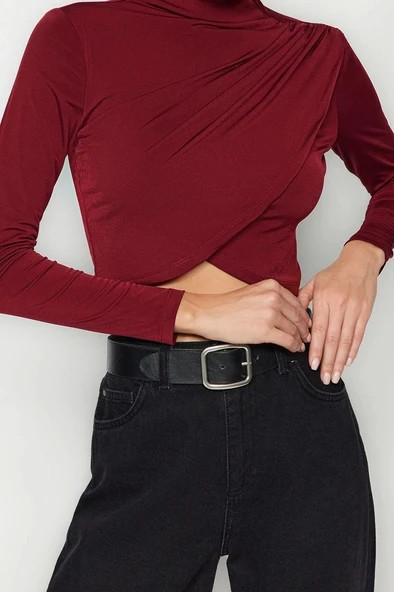 Moda Dik Yaka Örme Slim Düz Desen Şık gece Crop Uzun Kol Bluz - 3