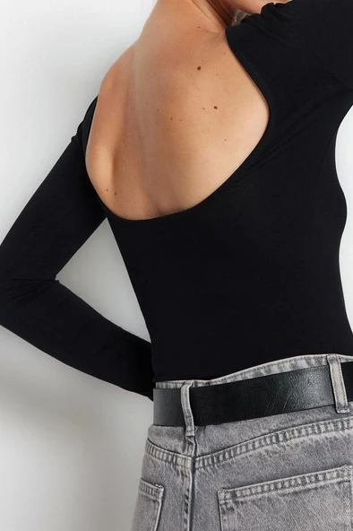 Moda Kayık Yaka Örme Slim Düz Desen Casual Günlük Regular Uzun Kol Bluz - 2