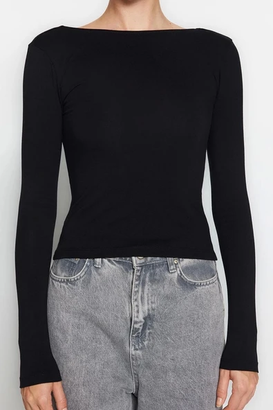 Moda Kayık Yaka Örme Slim Düz Desen Casual Günlük Regular Uzun Kol Bluz - 4