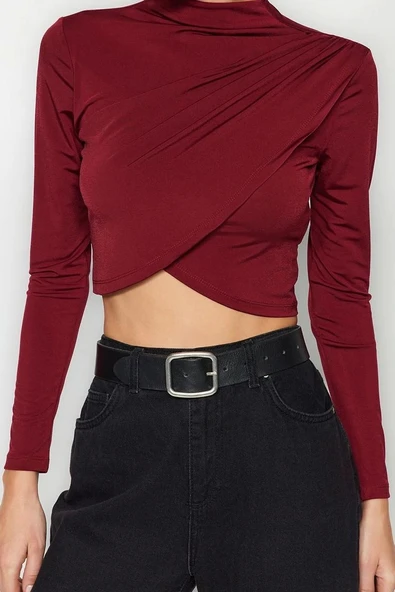 Moda Dik Yaka Örme Slim Düz Desen Şık gece Crop Uzun Kol Bluz - 2