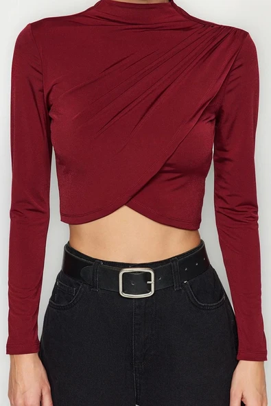 Moda Dik Yaka Örme Slim Düz Desen Şık gece Crop Uzun Kol Bluz - 5