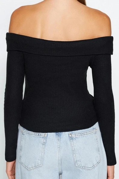Moda Carmen Yaka Örme Slim Fit Düz Desen Casual Günlük Regular Uzun Kol Bluz - 6