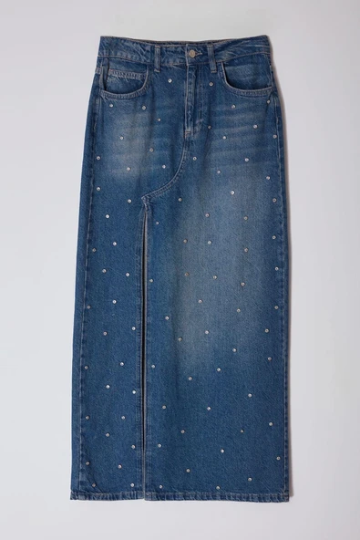 Modern Tarz Astarsız Denim Maxi Boy Limited Edition Taşlı Yüksek Bel Maxi Denim Etek