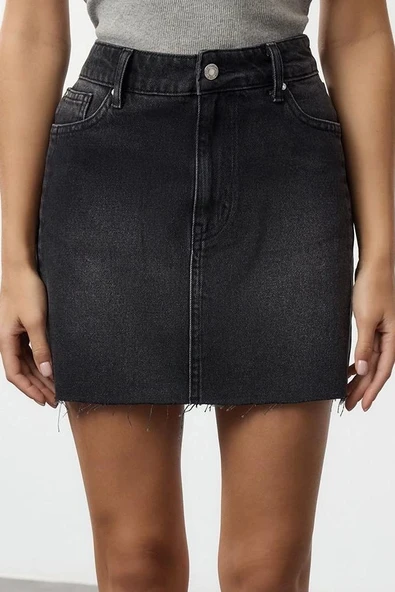 Modern Tarz Astarsız Denim Mini Boy Soluk Efekt Vintage Yüksek Bel Mini Denim Etek