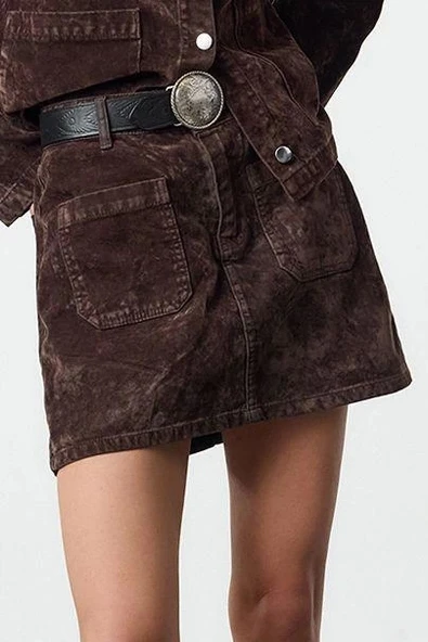 Modern Tarz Astarsız Denim Mini Boy Süet Görünümlü Normal Bel Mini Denim Etek - 1