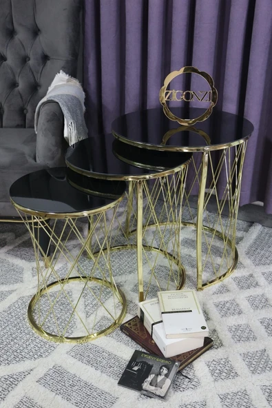 Zigonzi Hasır Model Zigon Sehpa Gold Ayak  Siyah Cam - 2