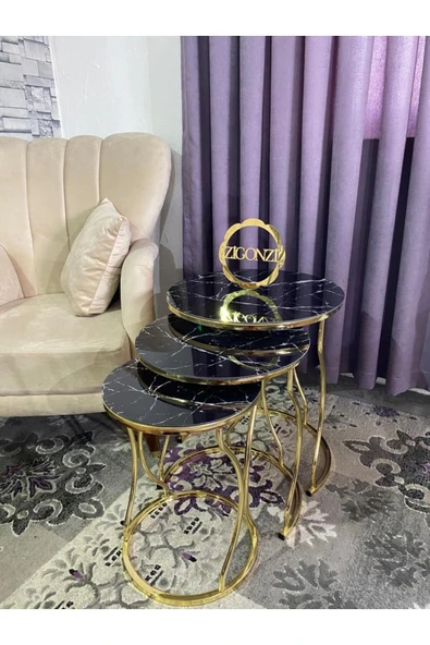 Zigonzi Rüya Model Zigon Sehpa Gold Ayak  Siyah Beyaz Mermer Desenli Cam