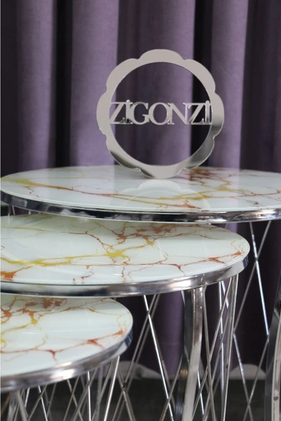 Zigonzi Hasır Model Zigon Sehpa Krom Ayak  Beyaz Sarı Mermer Desen Mermer  Cam