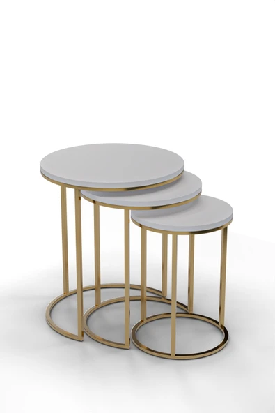 Zigonzi 3'lü GOLD  Ayak Beyaz Tabla Zigon Servis Salon Sehpa - 3