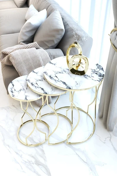 Zigonzi Rüya Model Zigon Sehpa Gold Ayak Beyaz Siyah  Mermer Desenli Cam