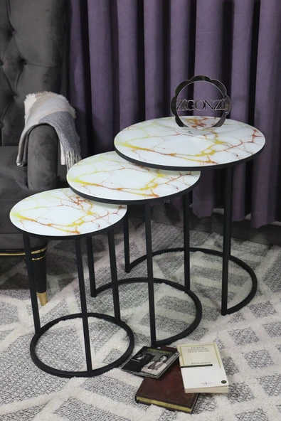 Zigonzi Sarı Mermer Desenli, Siyah Metal, C Zigon Sehpa, Salon Sehpası