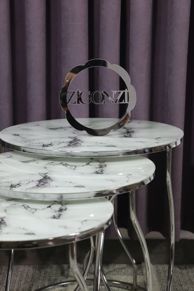 Zigonzi Rüya Model Zigon Sehpa Krom Ayak  Beyaz Siyah Mermer Desen Cam - 2