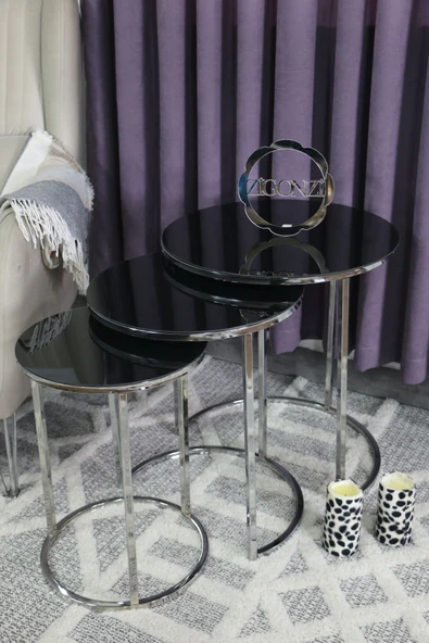 Zigonzi Siyah Camlı Gümüş Metal, Üçlü Zigon Sehpa