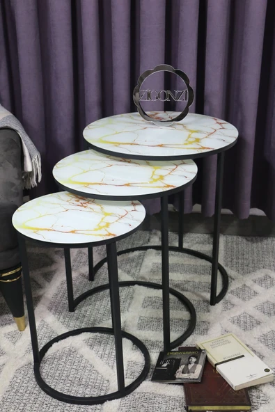 Zigonzi Sarı Mermer Desenli, Siyah Metal, C Zigon Sehpa, Salon Sehpası - 3